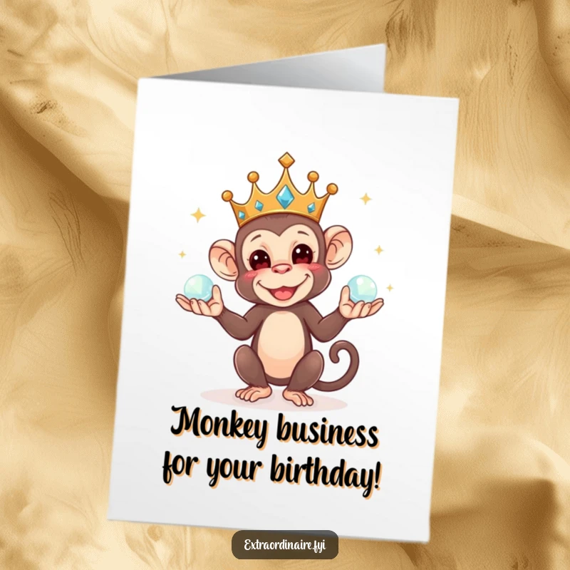 Funny Free Printable Birthday Card featuring a mischievous monkey wearing a tiny crown, juggling sparkling orbs with flair.