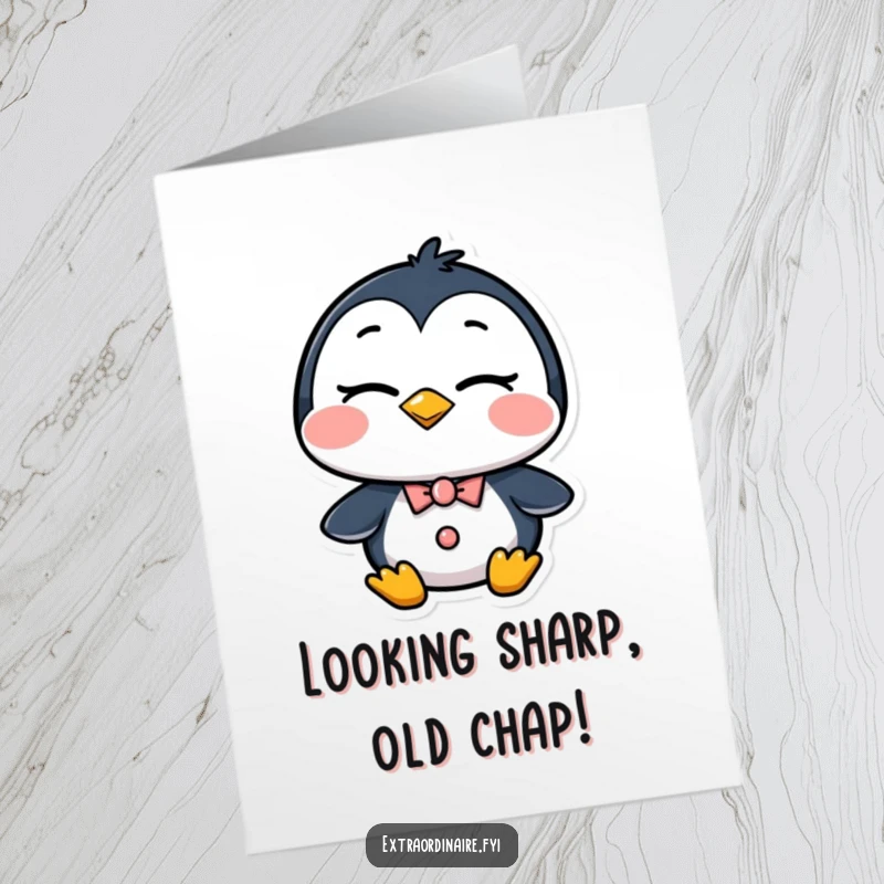 Funny Free Printable Penguin Birthday Card showcasing a dapper penguin with a confident, cheeky wink for a humorous greeting.