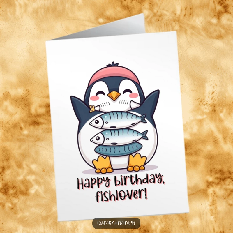 Funny Free Printable Birthday Card: A proud penguin stands tall, showcasing a perfectly balanced stack of fish.