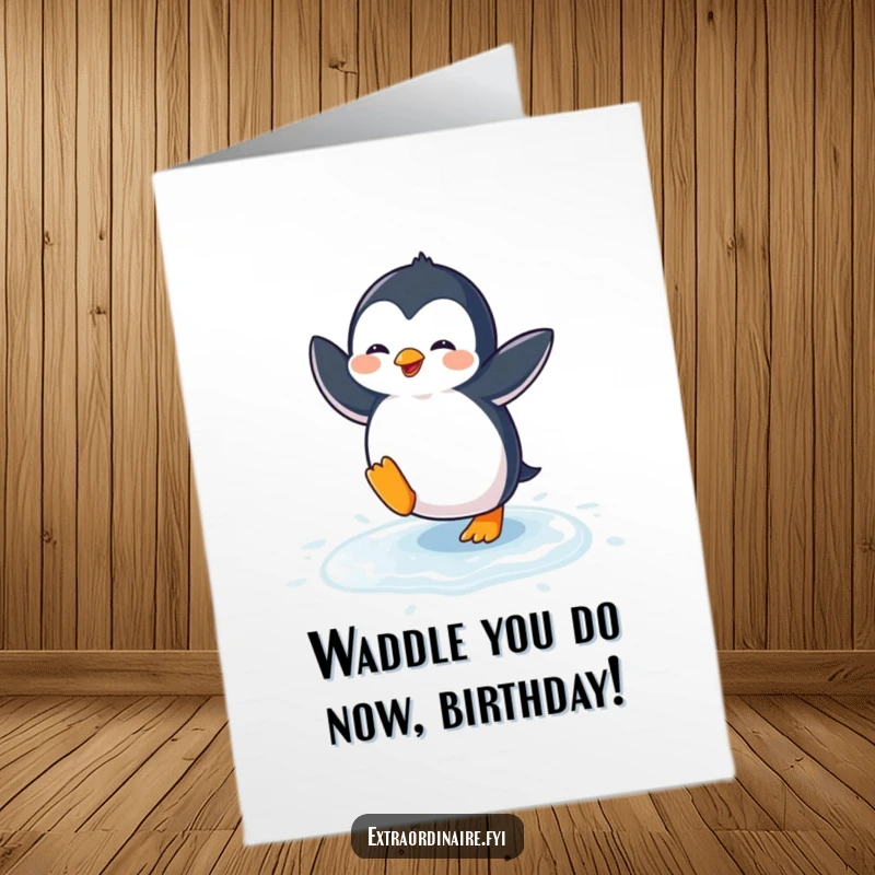 Funny Free Printable Birthday Card: Playful penguin doing a silly dance on ice, spreading birthday cheer.