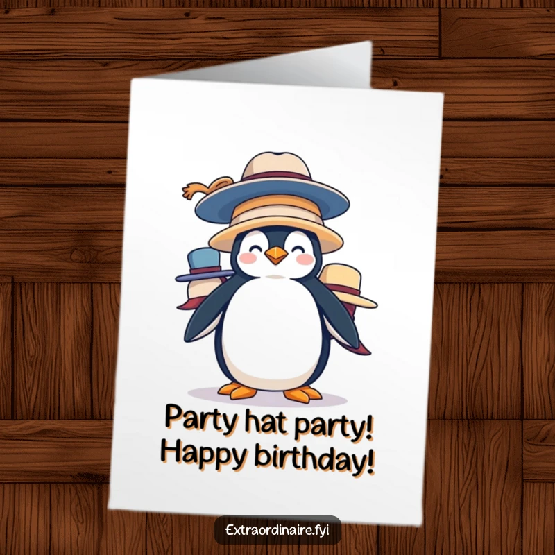 Funny Free Printable Birthday Card: A silly penguin hilariously balancing a tall stack of oversized hats, wishing Happy Birthday.