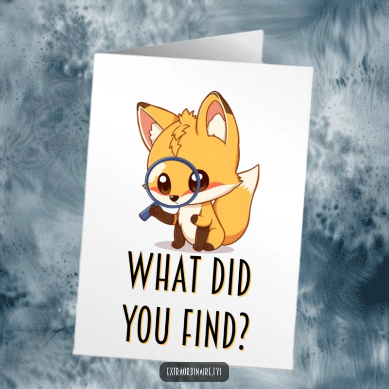 Funny Free Printable Birthday Card: Curious fox with big eyes uses a magnifying glass to inspect party decorations, ready to send.