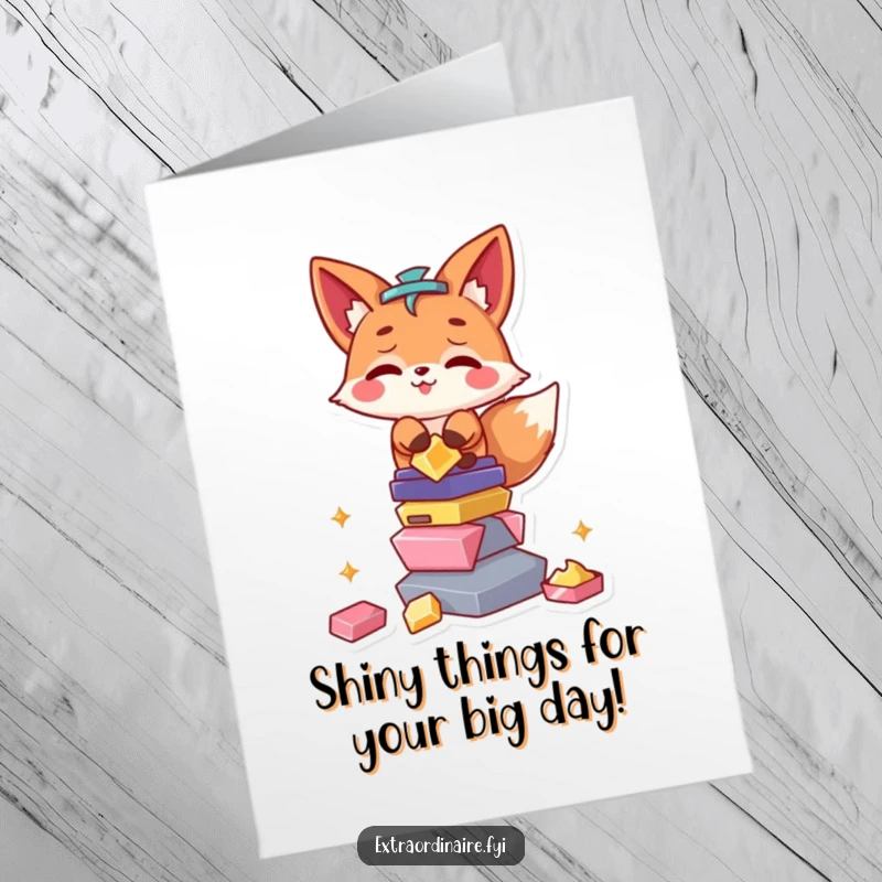 Funny Free Printable Birthday Card: A sly fox hoarding shiny treasures, ready to celebrate with mischief and glee.