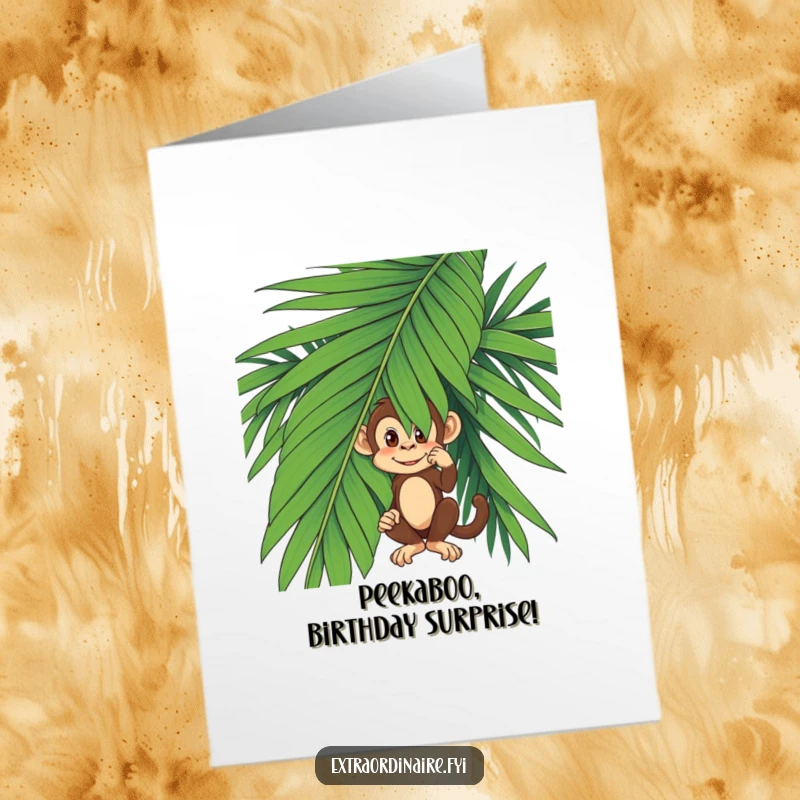 Funny Free Printable Birthday Card: Mischievous monkey peeking from behind a giant palm leaf, trying to hide.
