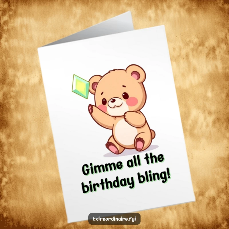 Funny Free Printable Birthday Card: A cute bear cub playfully batting at a bright, glowing hovering gem.