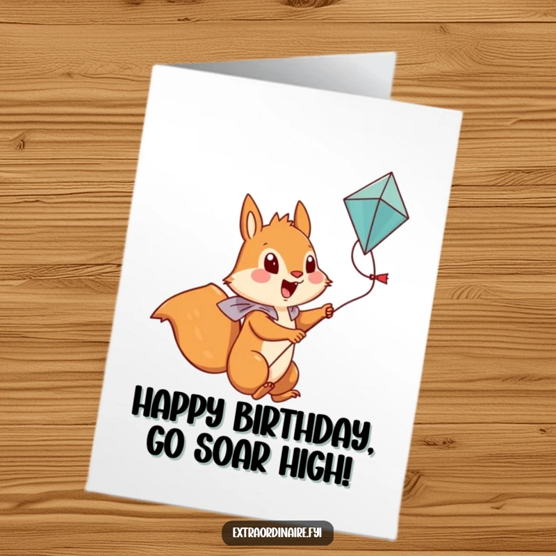 Funny Free Printable Birthday Card: A brave squirrel expertly rides a kite high in the sky, celebrating a birthday adventure.
