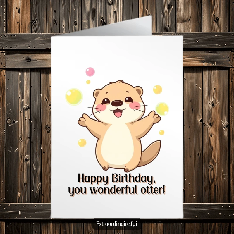 Funny Free Printable playful otter happily juggling glowing orbs on a birthday card.