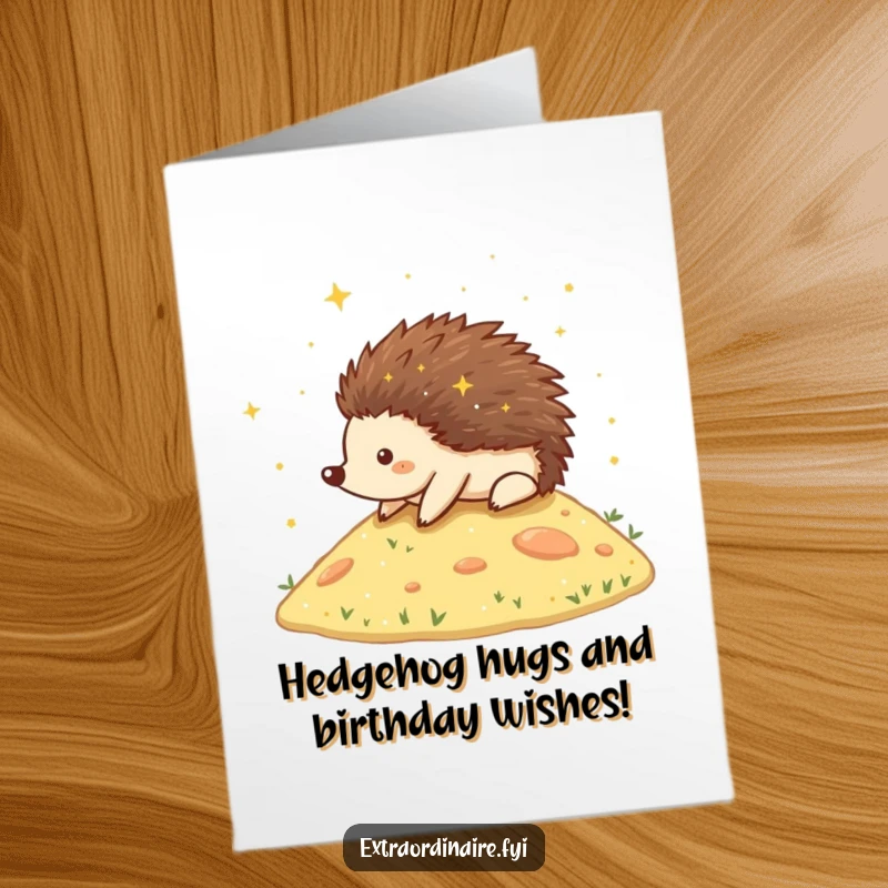 Funny Free Printable Birthday Card: A joyful hedgehog rolls downhill, enveloped in a shimmering cloud of stardust.