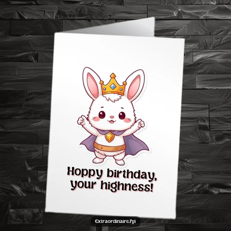 Funny Free Printable Birthday Card featuring a fluffy bunny hero in a crown and cape, striking a proud, heroic pose.