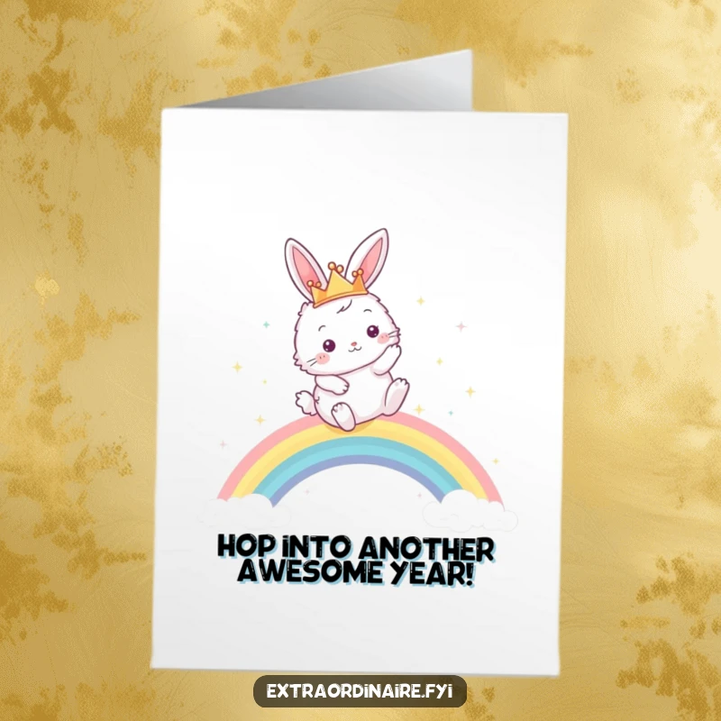 Funny Free Printable Birthday Card featuring a crowned bunny joyfully leaping over a vibrant, sparkling rainbow.