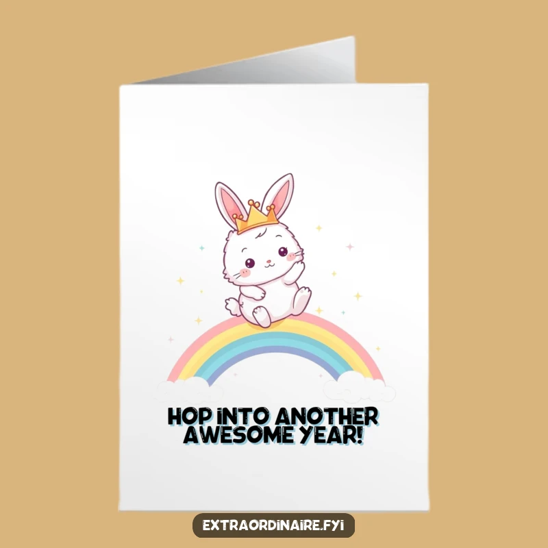 Free Printable Birthday Card: Bunny Crown Rainbow Leap Funny Downloadable Gift