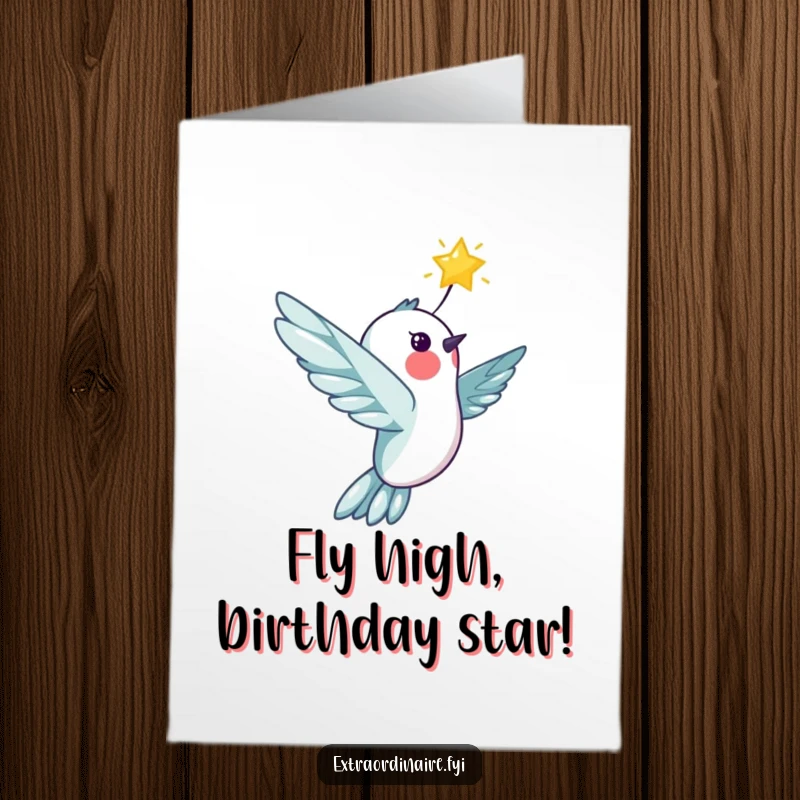 Funny Free Printable cheerful hummingbird flying joyfully with a bright shining star on a birthday card.