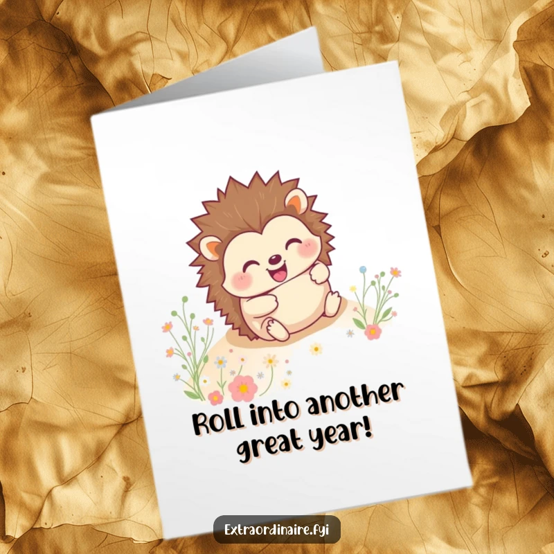 Funny Free Printable Birthday Card: Happy hedgehog rolling downhill with a big grin, surrounded by cheerful tiny flowers.