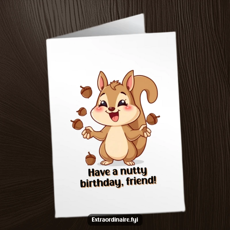 Funny Free Printable Birthday Card featuring a cheerful squirrel expertly juggling multiple acorns with intense focus and a big grin.
