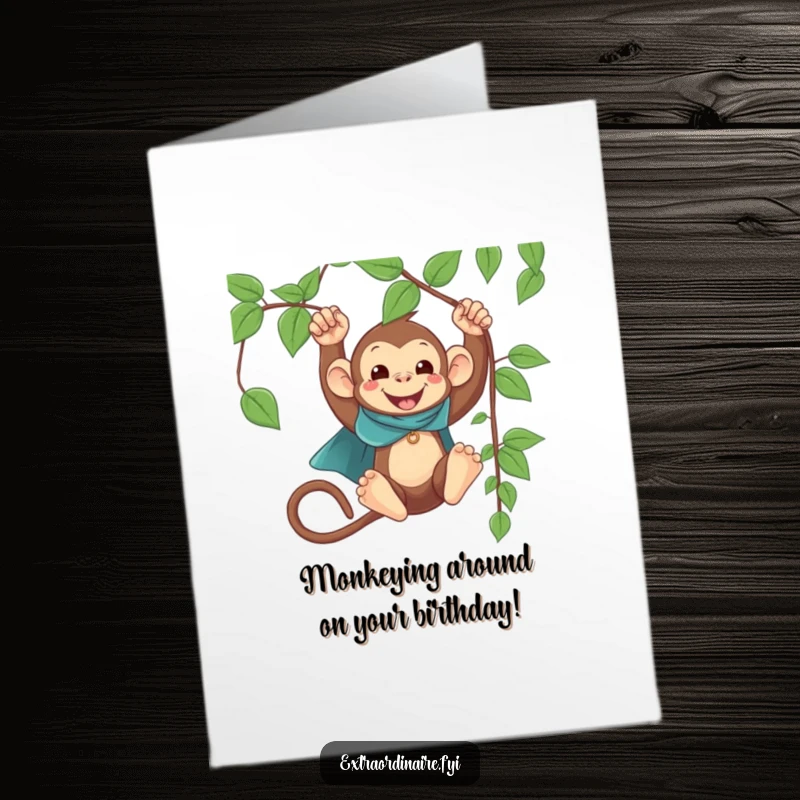 Funny Free Printable Birthday Card: A happy monkey in a tiny cape swings wildly from a vine, bringing birthday cheer.