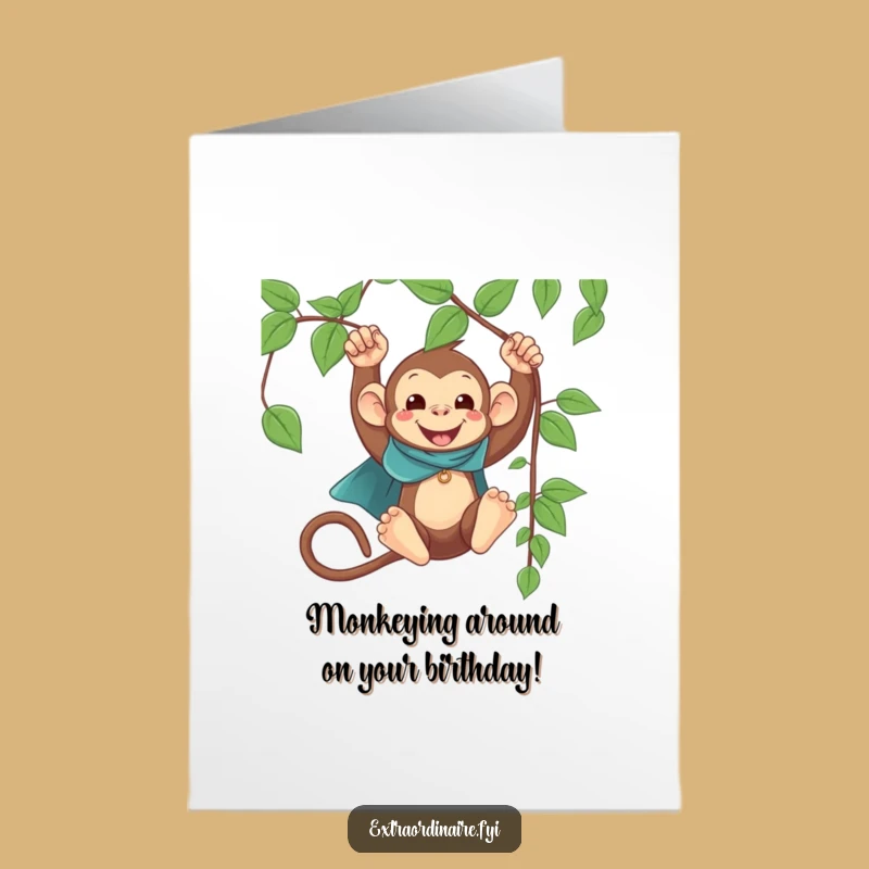 Free Printable Funny Monkey Birthday Card: Hilarious Swinging Cape Monkey Downloadable Gift