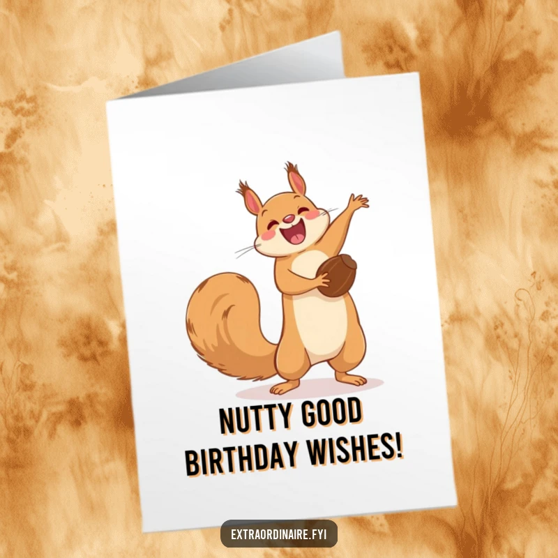 Funny Free Printable Birthday Card: A joyful squirrel does an impressive acrobatic flip mid-air, clutching a nut.