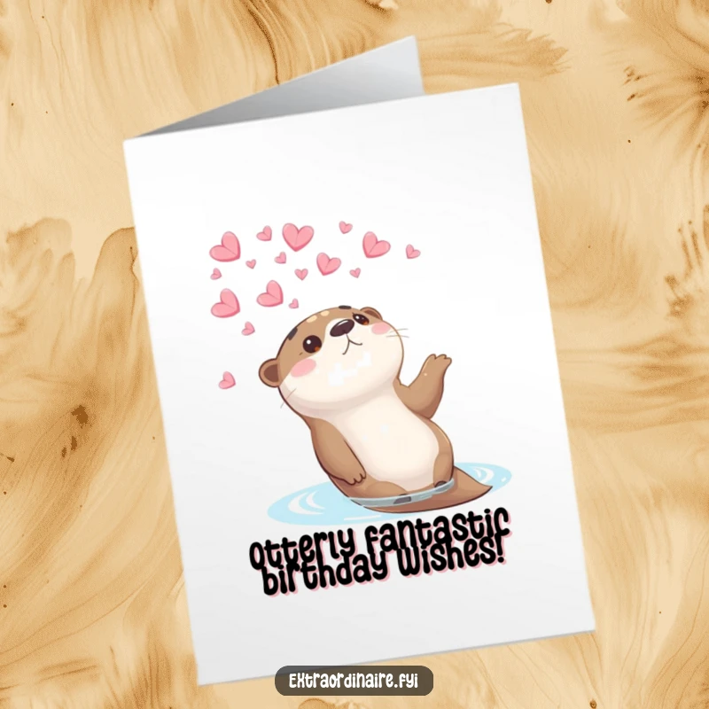Free Printable Birthday Card: Curious otter floats on back, mesmerized by falling flower petals.