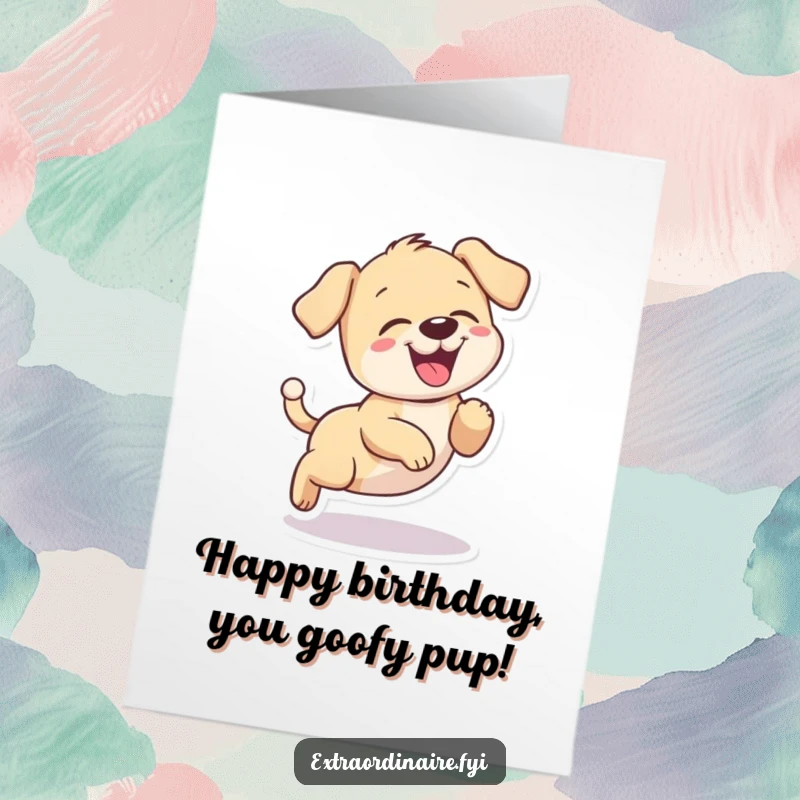 Funny Free Printable Birthday Card featuring a happy puppy giggling uncontrollably while chasing its tail in a dizzying circle.