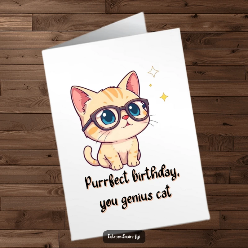 Funny Free Printable Birthday Card featuring a curious cat in oversized glasses gazing into a vast, starry void.