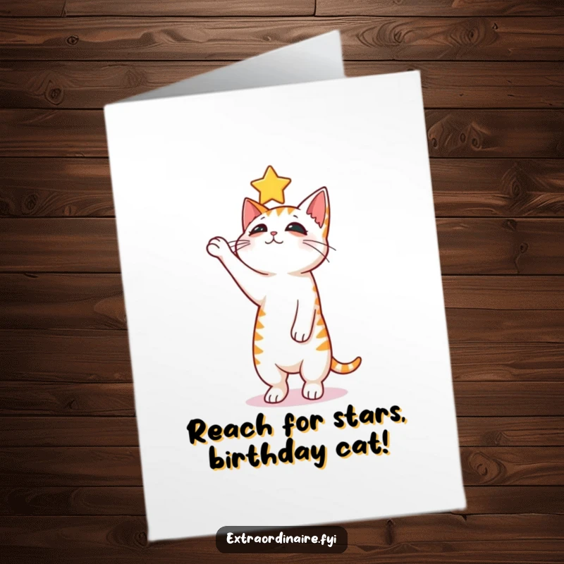 Funny Free Printable Birthday Card showing a curious cat balancing on hind legs, reaching with paws towards a sparkling floating star.