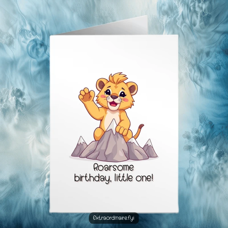 Funny Free Printable Birthday Card: A triumphant lion cub raises its paws in victory after climbing small mountains.