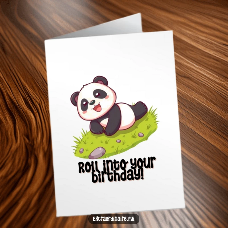 Funny Free Printable Birthday Card: Playful panda rolls down a grassy hill with pure glee, spreading birthday cheer.