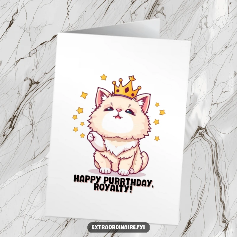 Funny Free Printable Birthday Card: A fluffy cat in a tiny crown comically juggles sparkling stars.