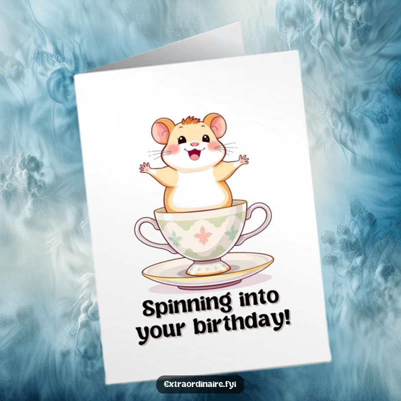 Funny Free Printable Birthday Card: A happy hamster exhilarated while balancing on a spinning teacup.