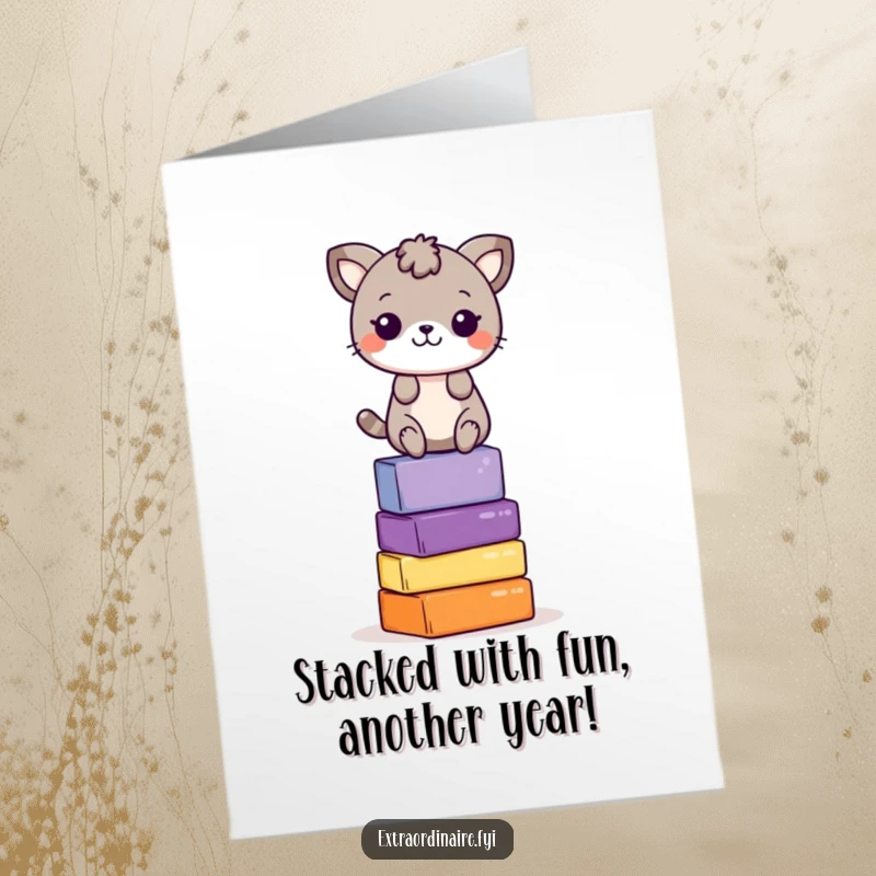 Funny Free Printable Birthday Card: Playful animal character skillfully balancing on a wobbly stack of colorful blocks.