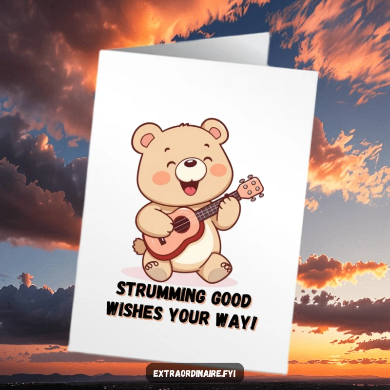 Funny Free Printable Birthday Card: A happy bear enthusiastically playing a tiny ukulele, spreading birthday cheer with a song.