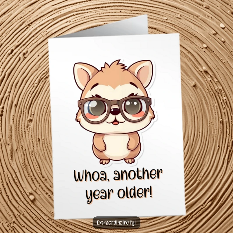 Funny free printable birthday card: A comical animal with huge spectacles, eyes comically wide in shock. Utterly hilarious!