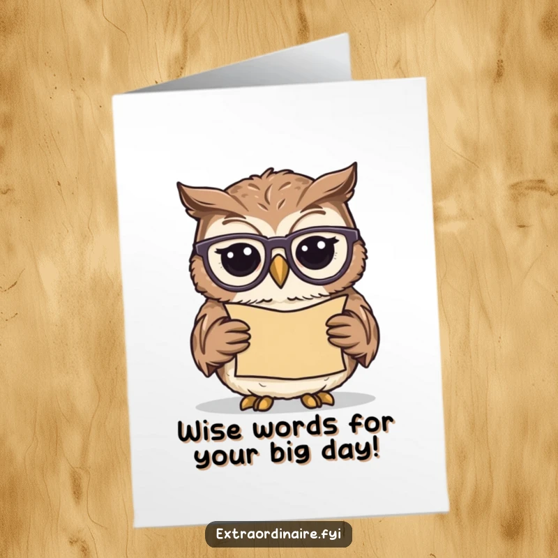 Free Printable Birthday Card featuring a wise owl in spectacles, engrossed in reading a scroll.