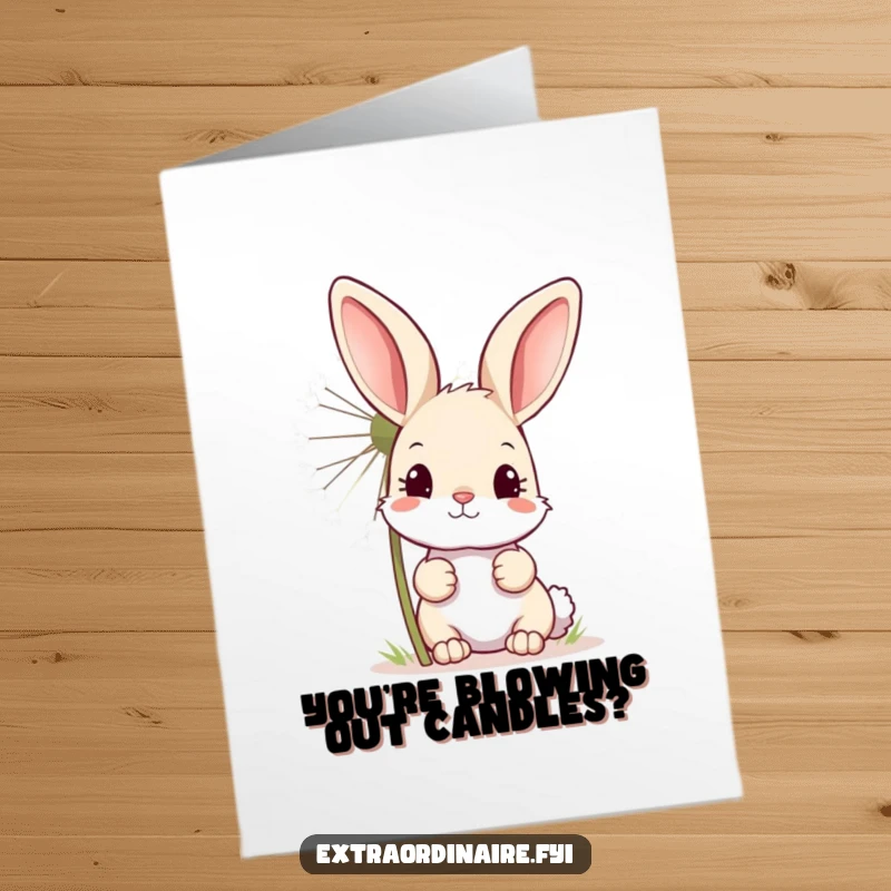 Funny Free Printable Birthday Card: A curious bunny peeks from behind a giant sparkling dandelion, celebrating.