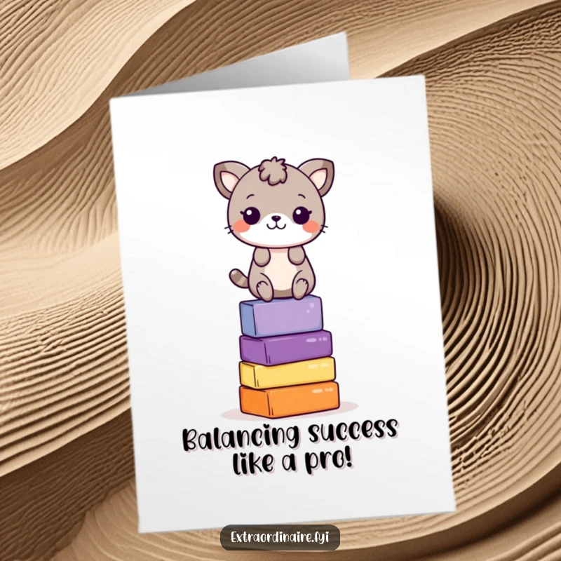 Funny Free Printable Congratulations Card: Playful animal character expertly balancing on a tall stack of colorful blocks.