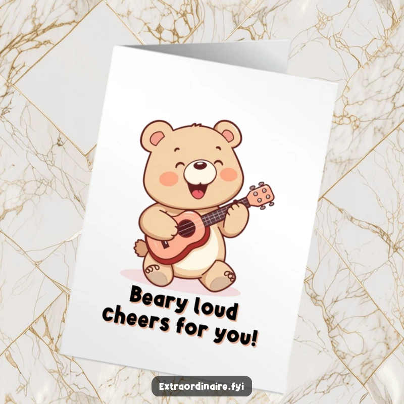 Funny Free Printable Congrats Card: A jubilant bear strumming a miniature ukulele, celebrating a triumph with a cheerful melody.
