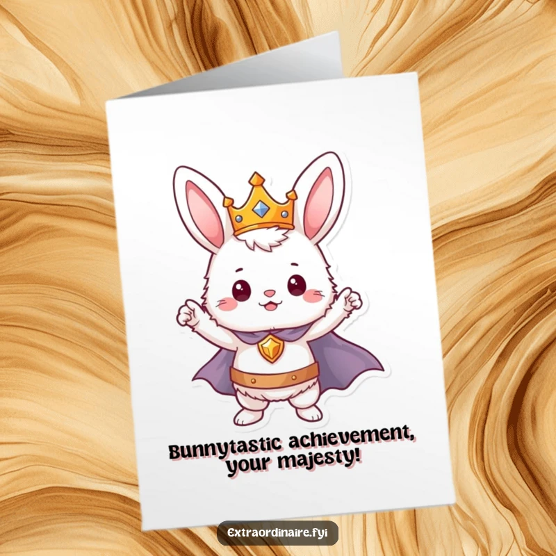 Funny Free Printable Congratulations Card showing a fluffy bunny hero in a crown and cape, posing triumphantly after a great feat.