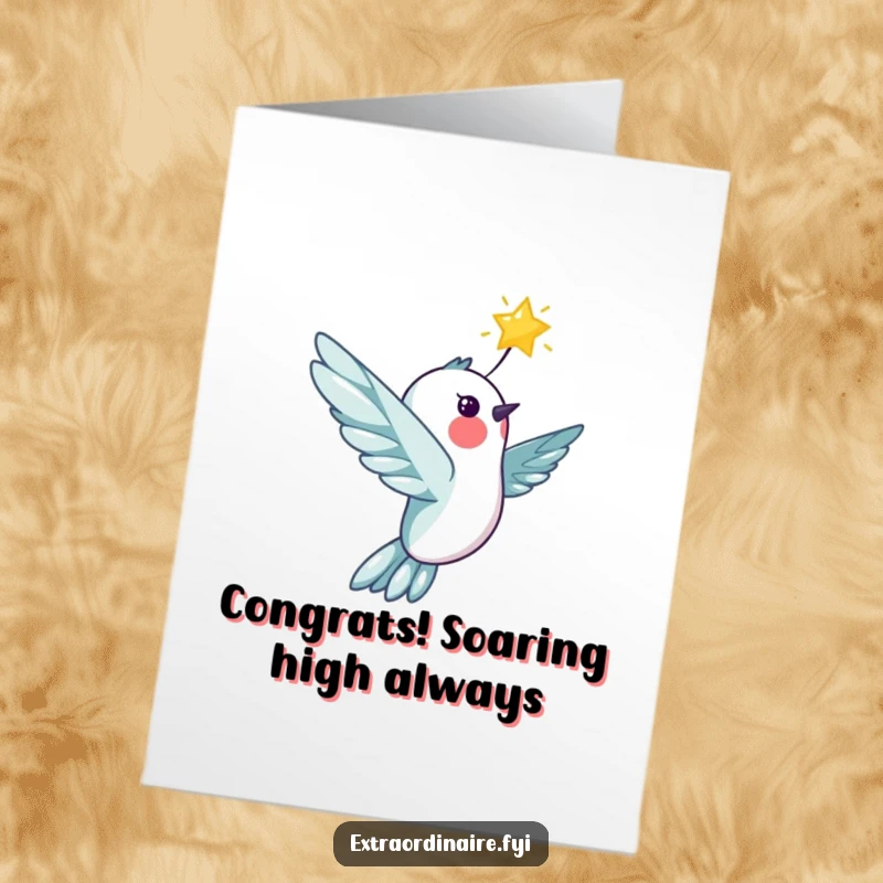 Free Printable cheerful hummingbird soaring with a bright star, symbolizing success on a card.