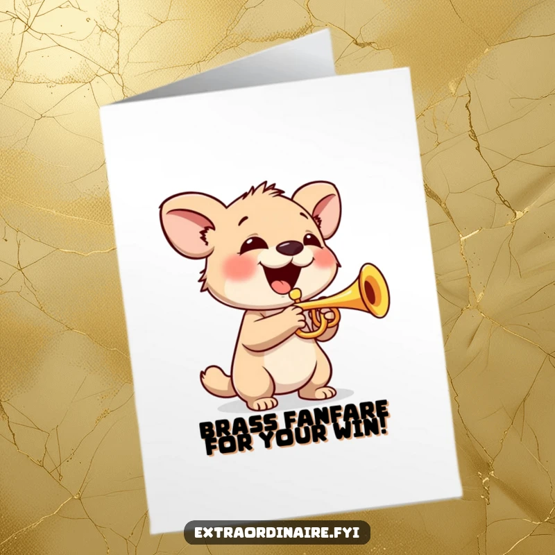 Funny Free Printable Congratulations Card: Animal character playing a tiny trumpet with a big smile, celebrating success.
