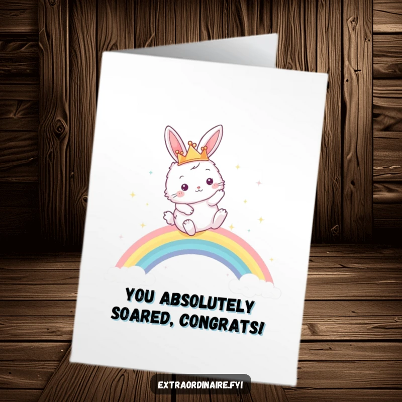 Funny Free Printable Congratulations Card showing a regal bunny leaping joyfully over a dazzling rainbow.