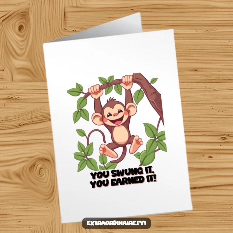 Funny Free Printable Congratulations Card: A jubilant monkey swings from a vine, cheering wildly with a massive grin and confetti.