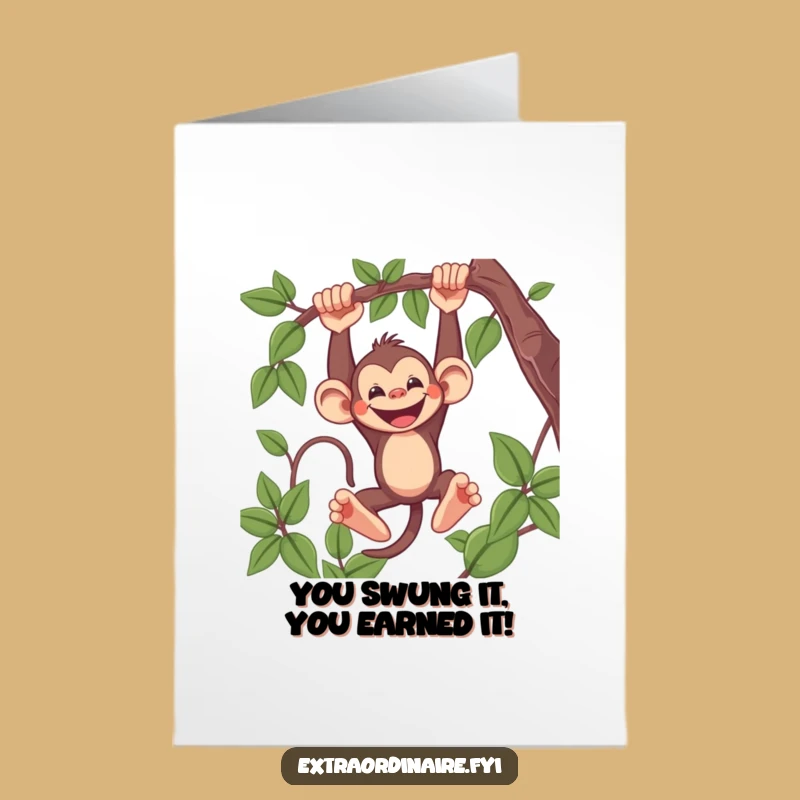 Free Printable Congrats Card: Cheeky Monkey swinging to celebrate your awesome win!