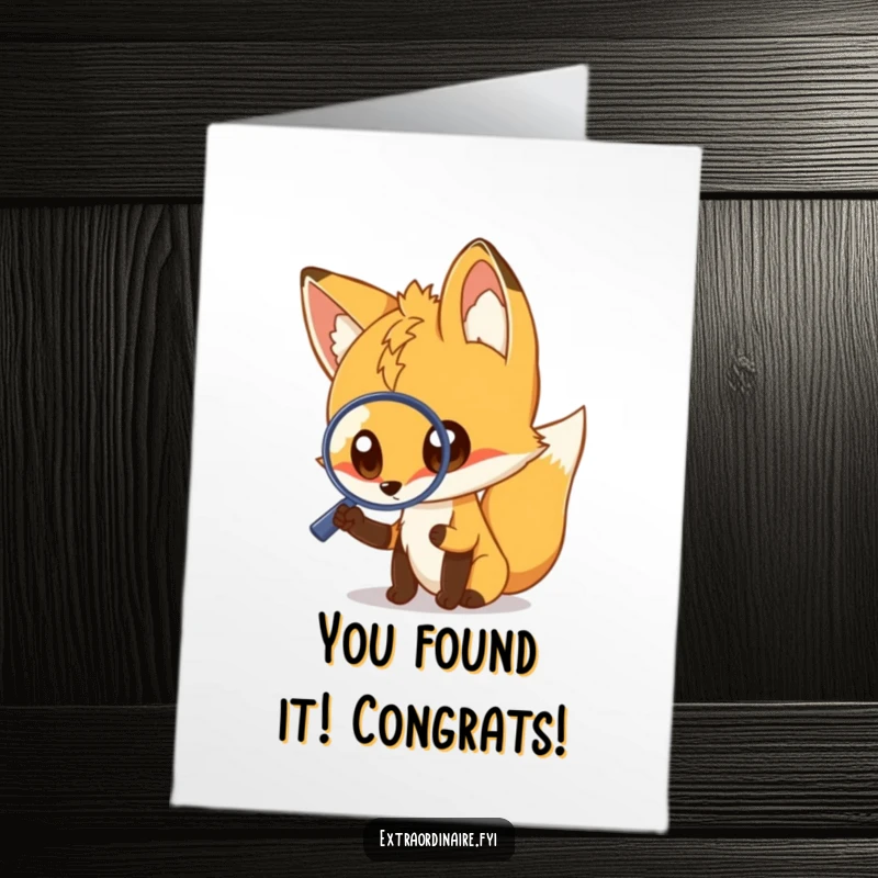 Funny Free Printable Congratulations Card: A curious fox with wide eyes peers through a magnifying glass, celebrating a momentous occasion.