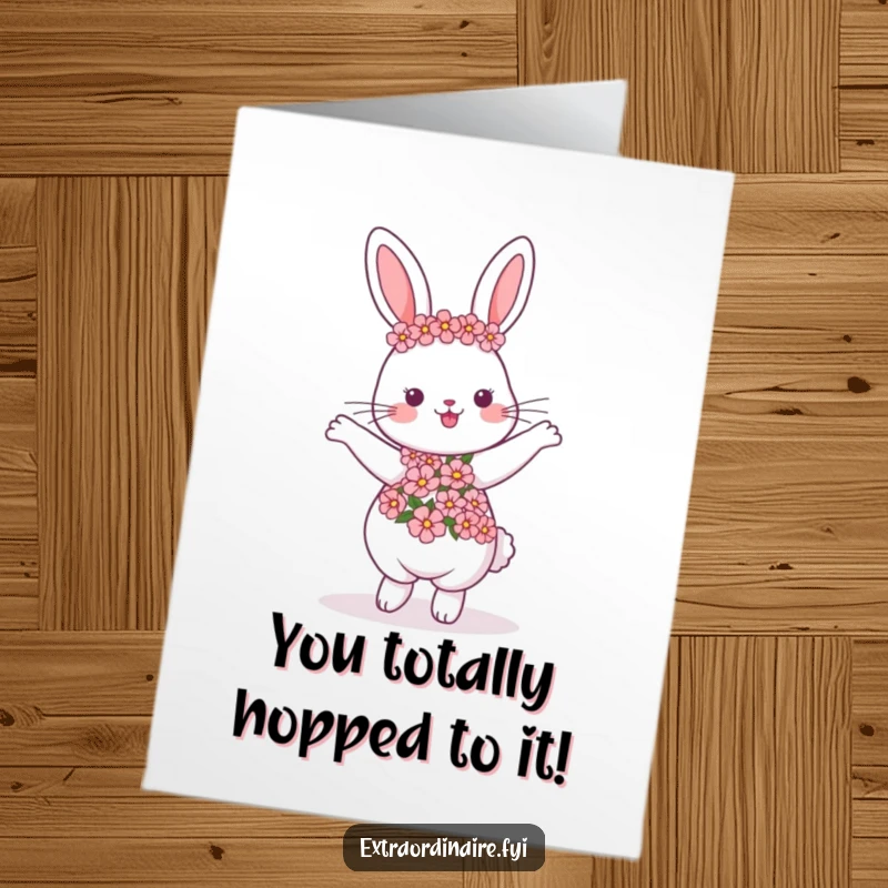 Funny Free Printable Congratulations Card: A cheerful rabbit adorned with a flower garland performs a happy dance, celebrating achievements.