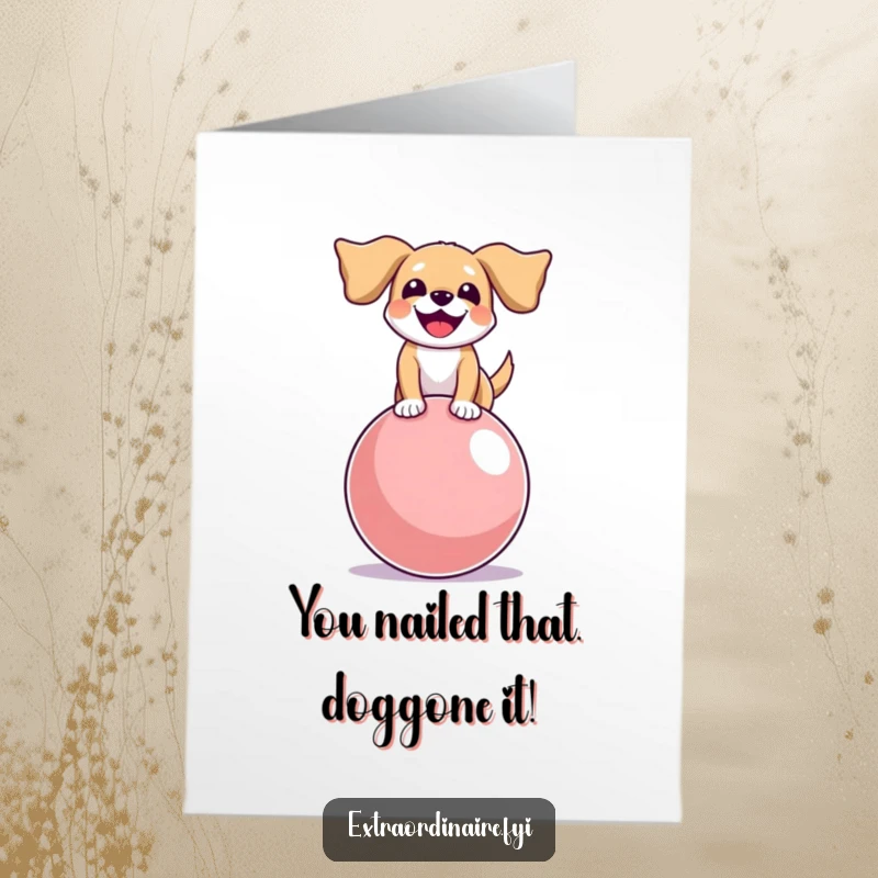 Funny Free Printable Congratulations Card featuring a cheerful dog with floppy ears poised atop a giant, wobbly bouncy ball.