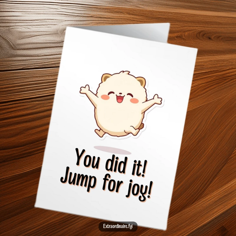 Funny Free Printable Congratulations Card: Fluffy round animal leaping excitedly, celebrating a grand achievement.