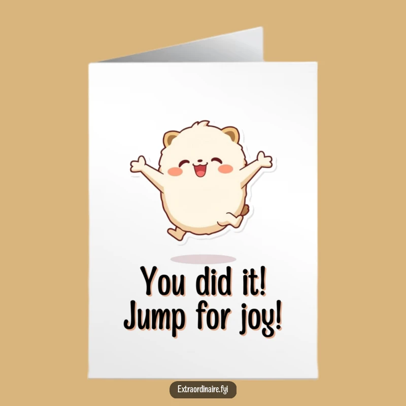 Free Printable Congrats Card: Fluffy Animal Leaping - Funny Downloadable Gift for Success