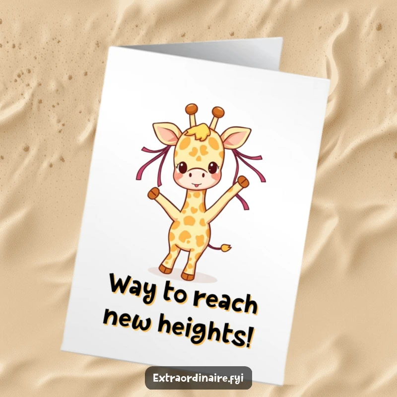 Funny Free Printable Congratulations Card showing a joyful giraffe character dancing vibrantly with ribbons, celebrating a great success.