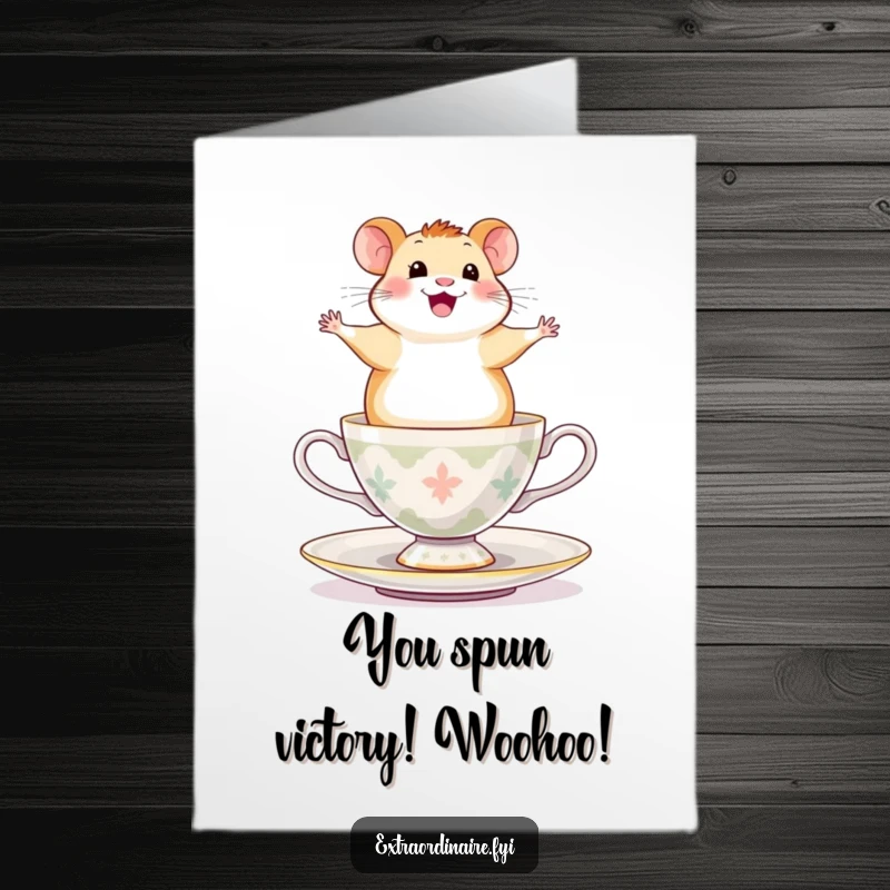 Funny Free Printable Congratulations Card: A happy hamster balances on a spinning teacup with sheer exhilaration.