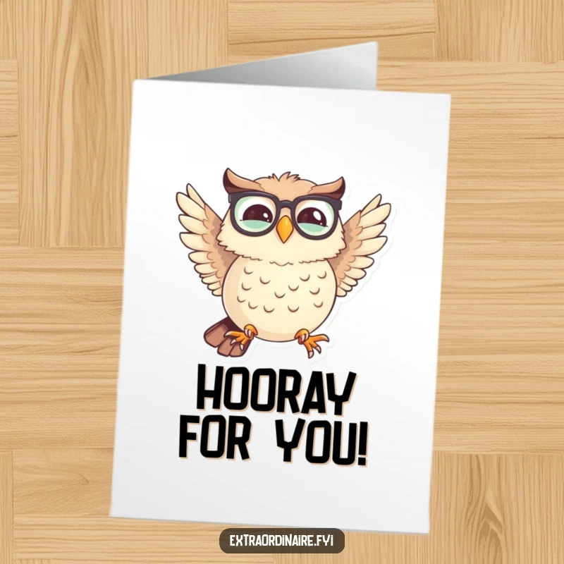 Funny Free Printable Congratulations Card: A giggling owl in spectacles attempts flight with comically mismatched wings.